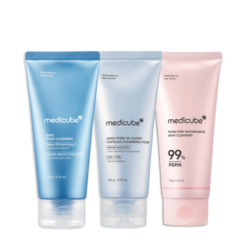 medicube Cleansing Texture Trio: Zero Foam for Sensitive Skin, Blue Capsule Deep Cleanser & PDRN Whip Wash