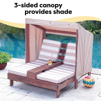 KidKraft Wooden Outdoor Double Chaise Lounge with Cup Holders, Patio Furniture for Kids or Pets, Espresso with Oatmeal and White Striped Fabric