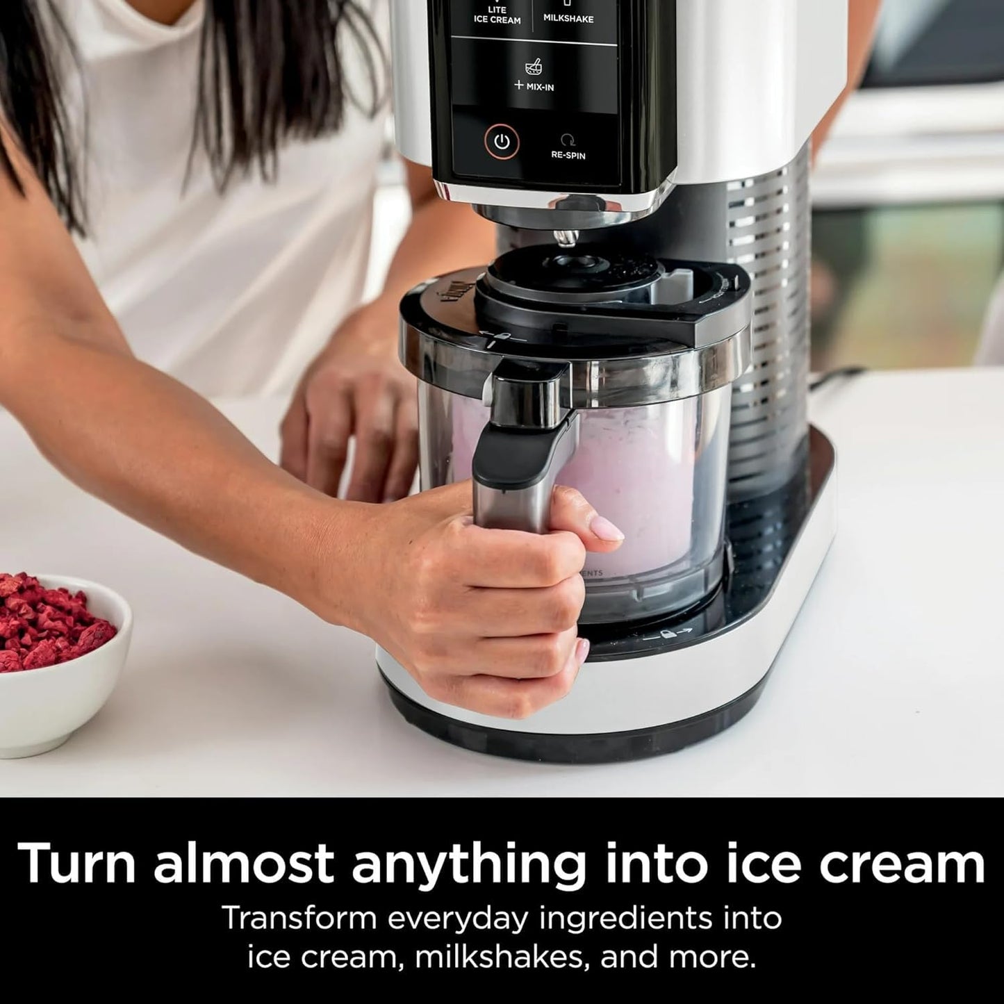 Ninja CREAMi Ice Cream Maker, 5 One-Touch Programs, Includes (2) 16oz Pints with Lids, Transform Frozen Bases to Ice Cream, Sorbets, Milkshakes, Vegan, Dairy-Free Options, NC300 White (Renewed)