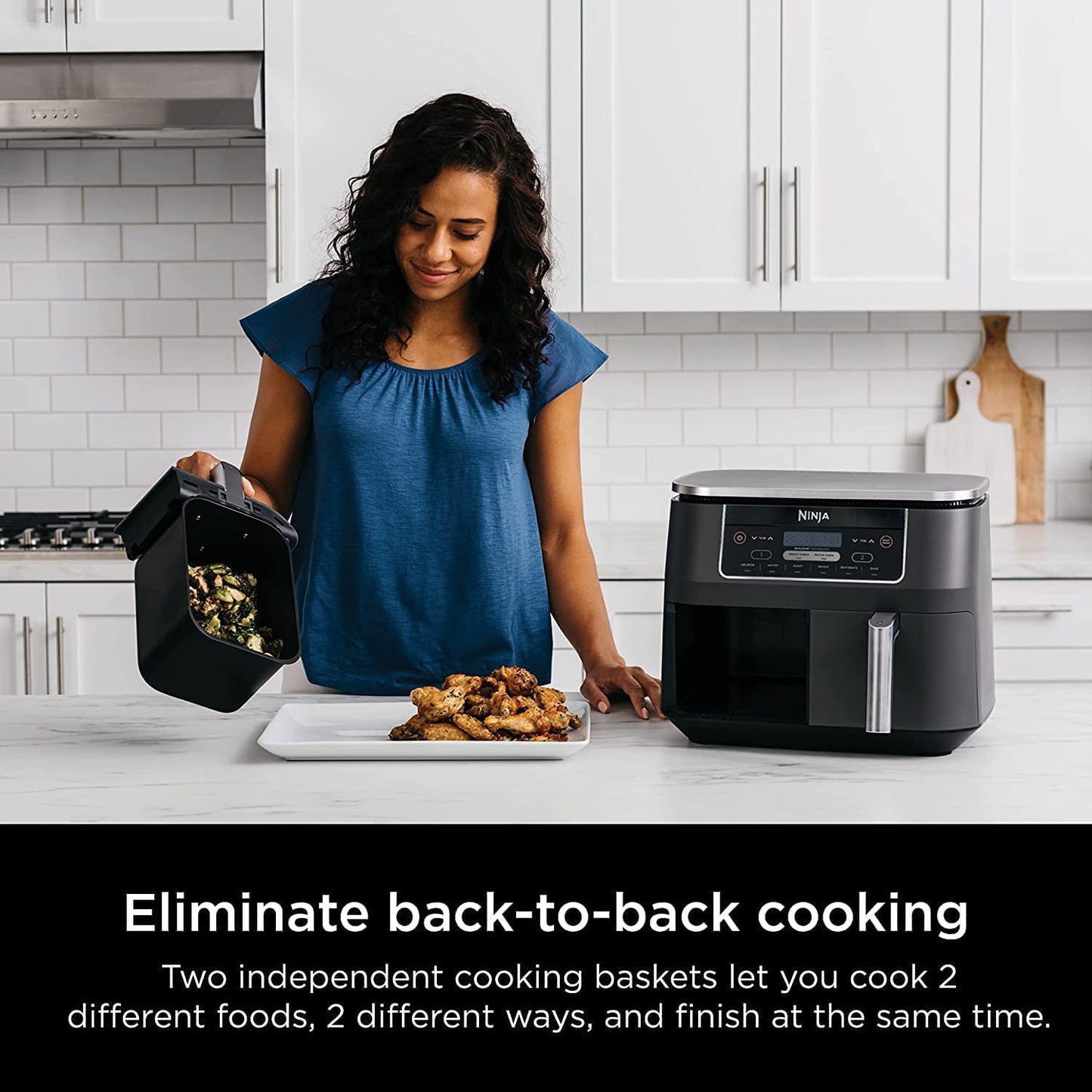 Ninja DZ201 Foodi 6-in-1 2-Basket Air Fryer with DualZone Technology, 8-Quart Capacity -Dark Grey Stainless- (Renewed)