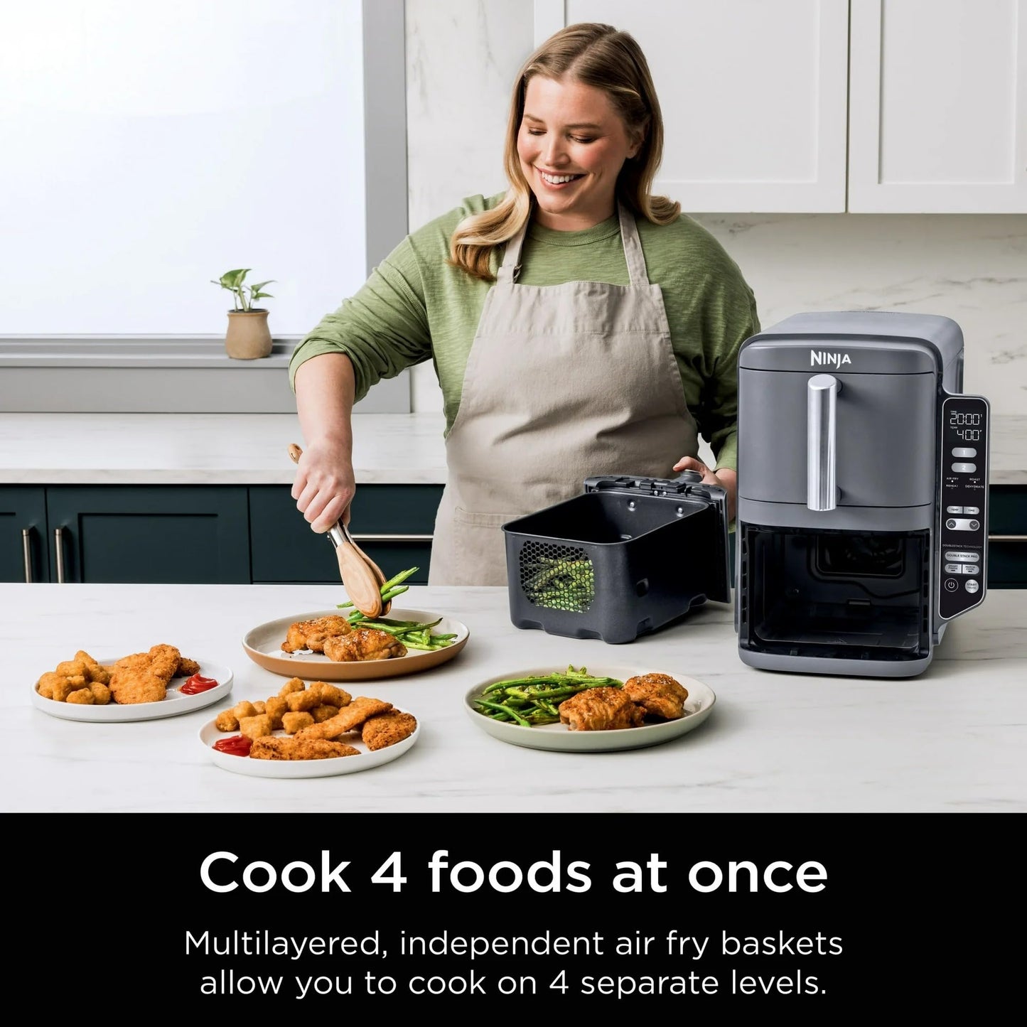 Ninja SL400 DoubleStack XL 2-Basket Air Fryer, Cooks 4 Foods at Once, Compact Design, 10 QT, 4-in-1, Smart Finish & Match Cook, Air Fry, Broil, Bake, Easy Meals, Easy Clean, Grey (Renewed)