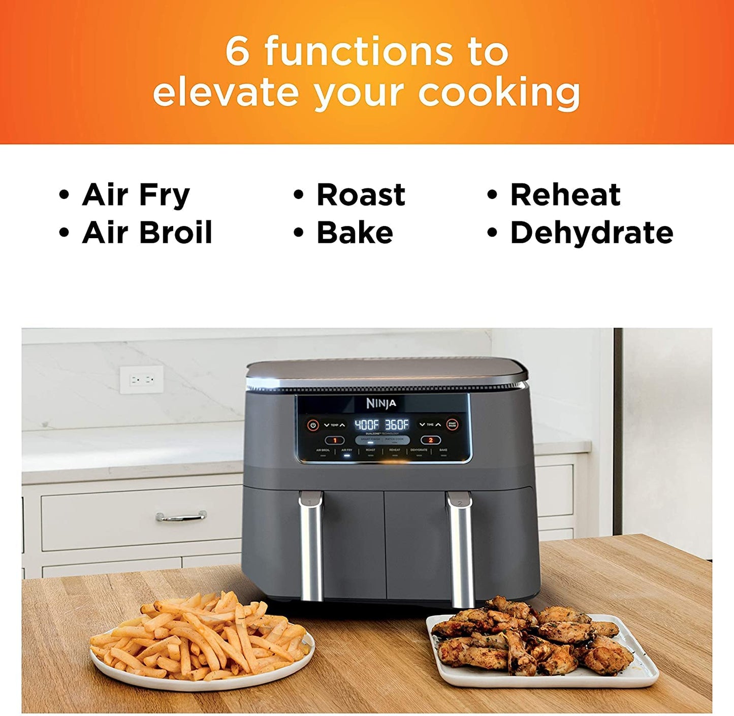 Ninja DZ201 Foodi 6-in-1 2-Basket Air Fryer with DualZone Technology, 8-Quart Capacity -Dark Grey Stainless- (Renewed)