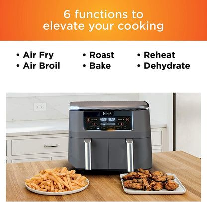 Ninja DZ201 Foodi 6-in-1 2-Basket Air Fryer with DualZone Technology, 8-Quart Capacity -Dark Grey Stainless- (Renewed)