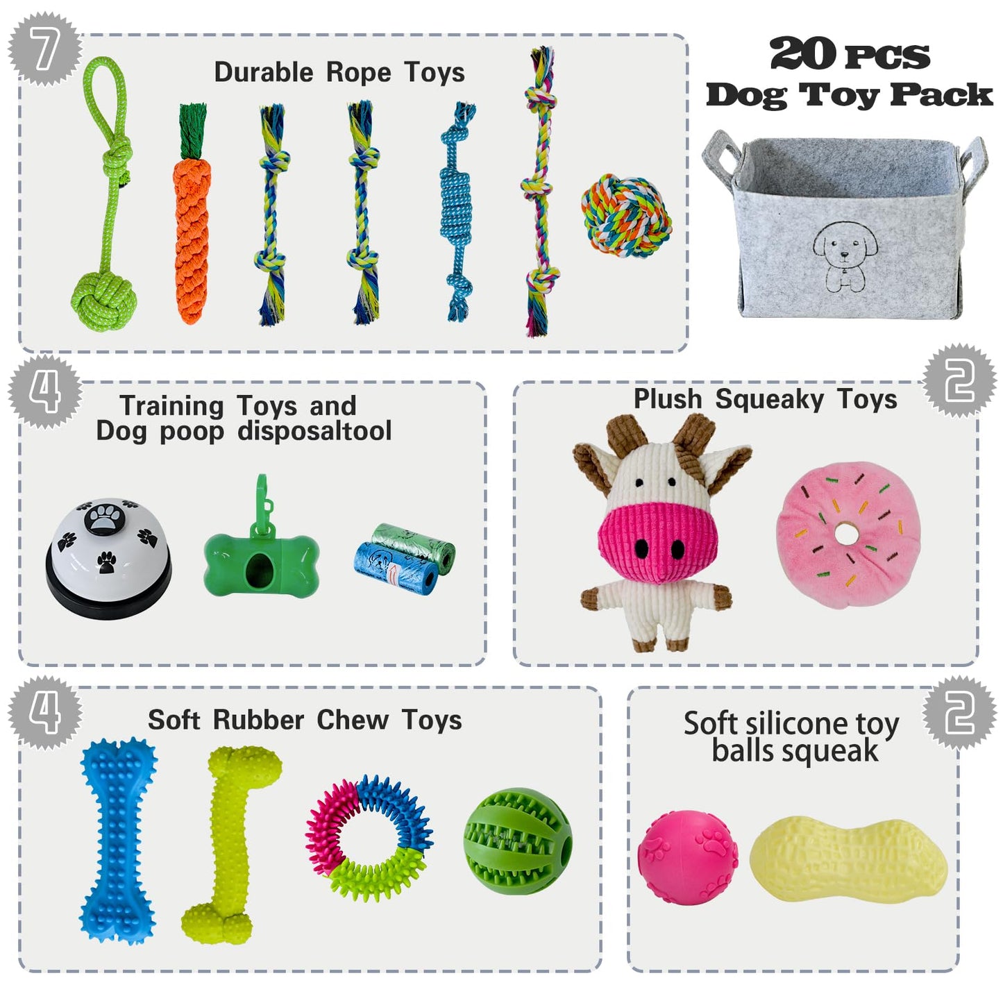 MRSOHRET 20Pcs Puppy Chew Toys for Teething, Dog Chew Toys with Rope Toys, Pet Dog Toothbrush, Treat Balls, Plush Toys and Squeaky Toys for Small Medium Dogs with Basket
