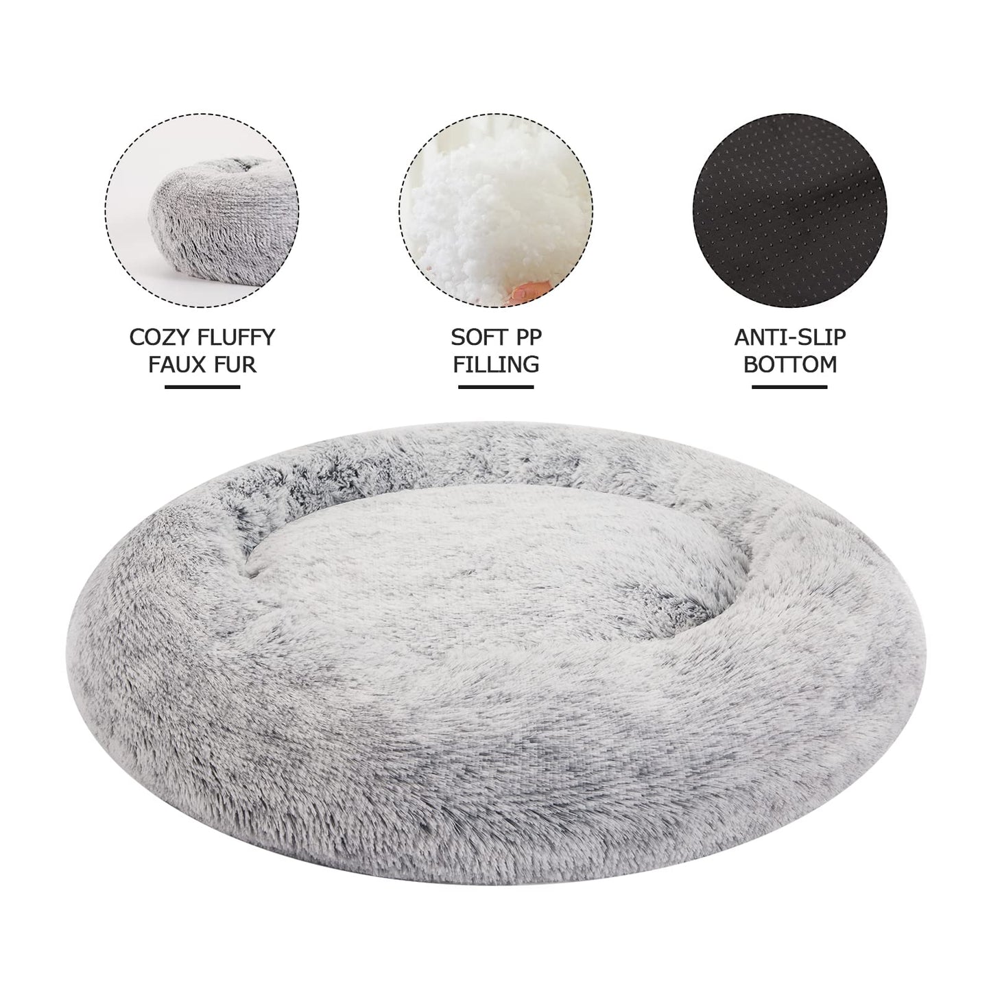 Bedfolks Calming Donut Dog Bed for Small Dogs & Cats, 23 Inches Round, Machine Washable, Anti-Anxiety Plush Bed (Dark Grey, Small)
