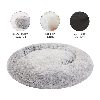 Bedfolks Calming Donut Dog Bed for Small Dogs & Cats, 23 Inches Round, Machine Washable, Anti-Anxiety Plush Bed (Dark Grey, Small)