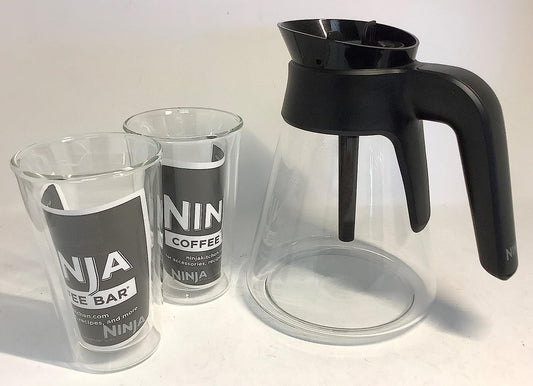 Genuine Ninja 43oz (6-Cup) Glass Carafe w/ 2-Pack 12oz Double-Wall Thermal Tumbler for CF085 CF086 CF087 CF020 CF021 Coffee Maker Bar Brewer