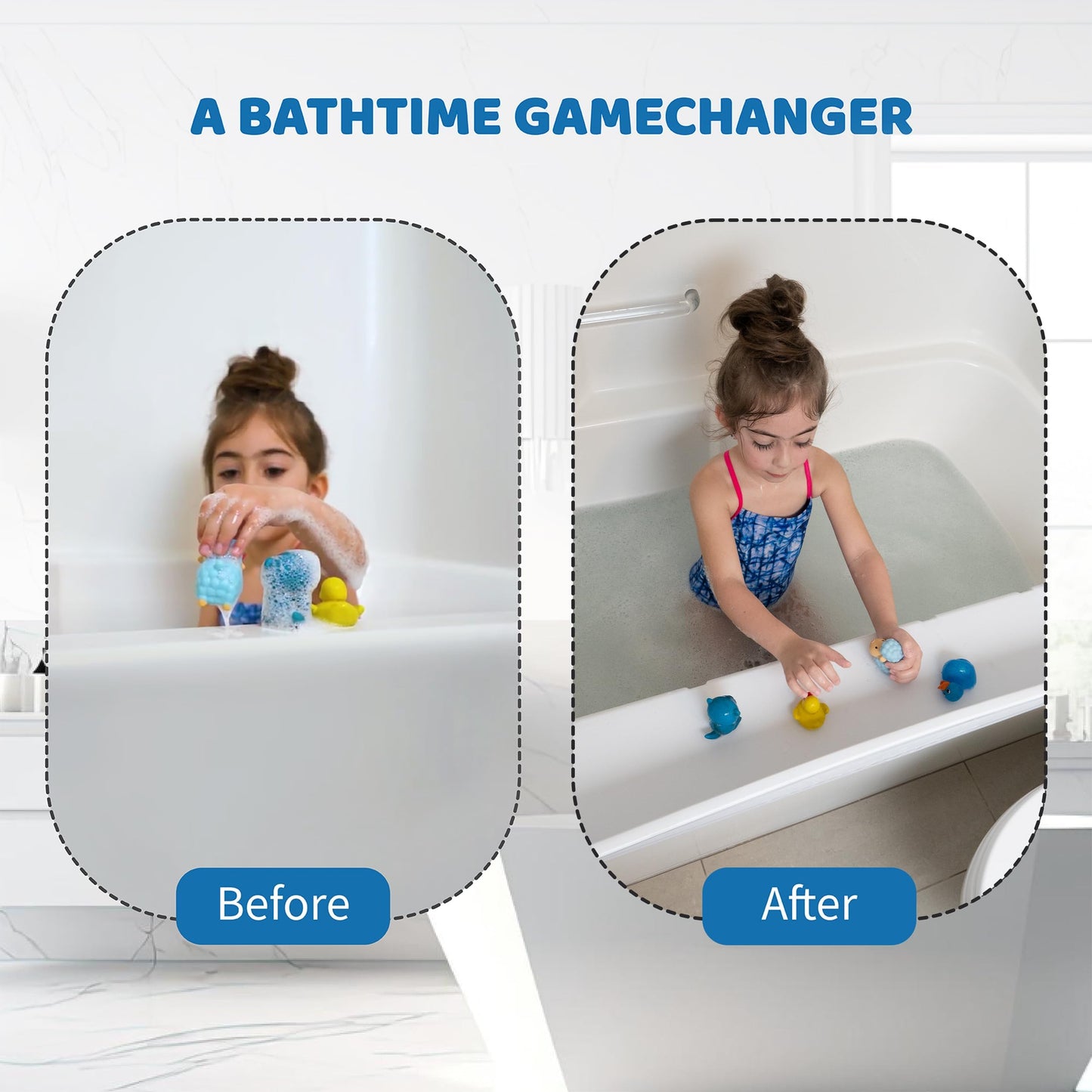 Tub Topper® Bathtub Splash Guard Play Shelf Area - Toy Tray Caddy Holder Storage - Suction Cups Attach to Bath Tub - No Mess Water Spill in Bathroom - Fun for Toddlers Kids Baby (White)
