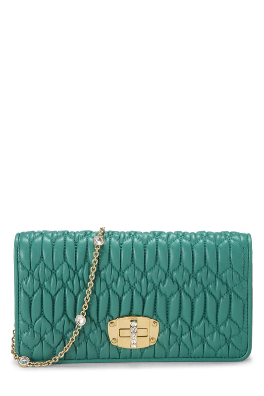Miu Miu, Pre-Loved Green Nappa Crystal Flap Wallet On Chain (WOC), Green