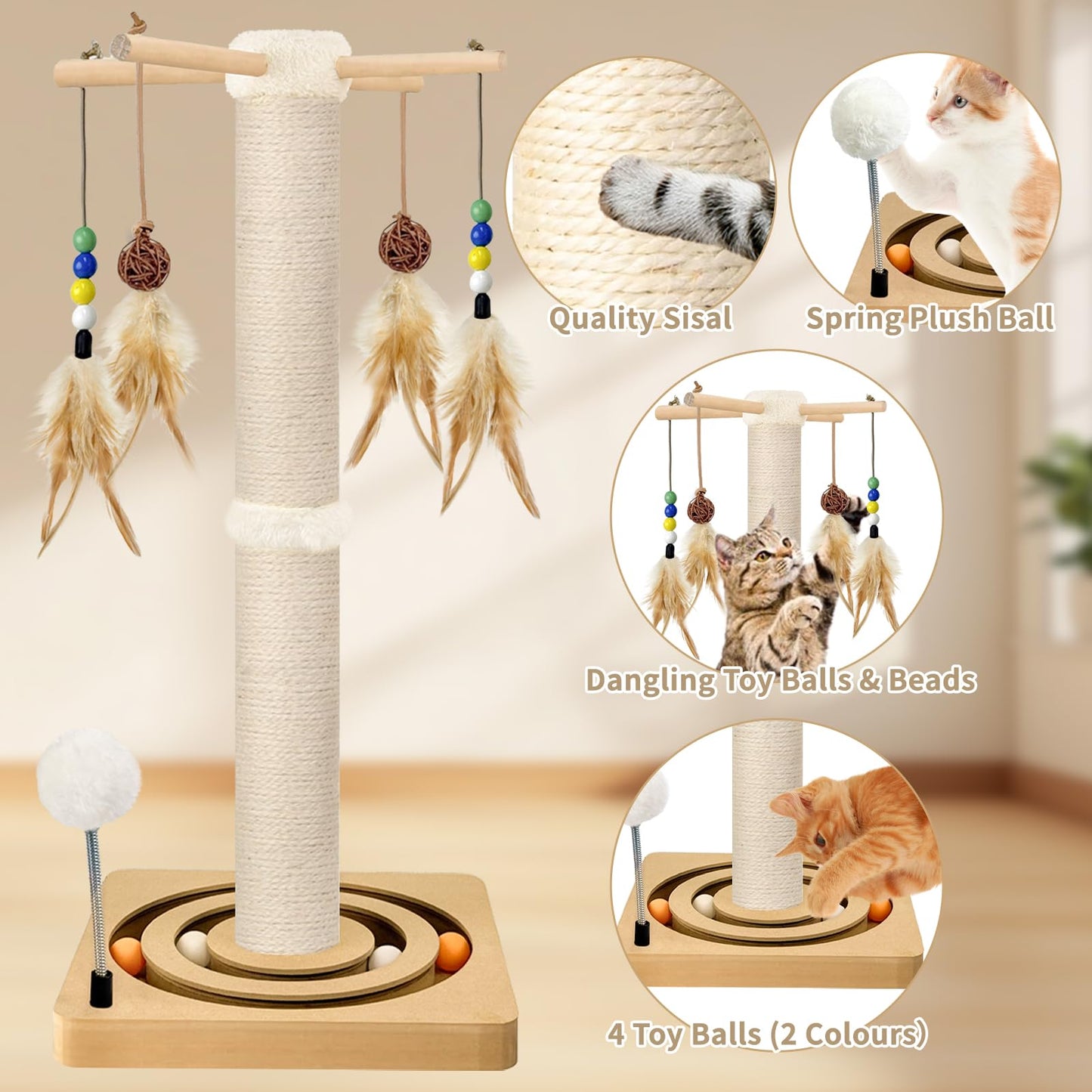 Cat Scratching Post, Sisal, Interactive Furniture Toys for Indoor Cats Adults, 2 Mounting Methods Scratcher Tree Tower with Hanging and Ball Track, Activity Center for Kitten, 25 inches