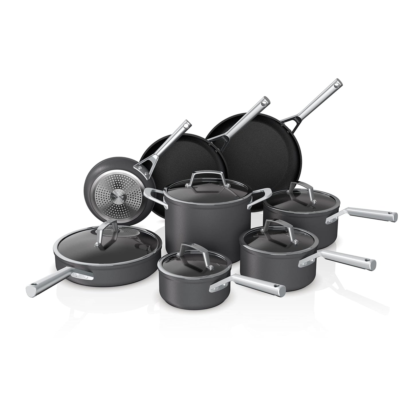 Ninja K52015 Foodi NeverDull 15 Piece Premium Knife System, Wood Series Block, German Stainless Steel & C39600 Foodi NeverStick Premium Hard-Anodized 13-Piece Cookware Set, Grey