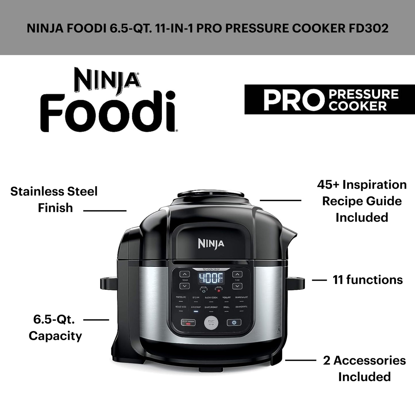 Ninja Foodi Air Fryer Pressure Cooker Combo 11-in-1 Pro 6.5 qt. Pressure Cooker & Air Fryer that Steams, Slow Cooks and More with 4.6 qt Crisper Plate, Broil Rack & Recipe Book, FD302, Silver/Black