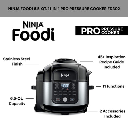 Ninja Foodi Air Fryer Pressure Cooker Combo 11-in-1 Pro 6.5 qt. Pressure Cooker & Air Fryer that Steams, Slow Cooks and More with 4.6 qt Crisper Plate, Broil Rack & Recipe Book, FD302, Silver/Black
