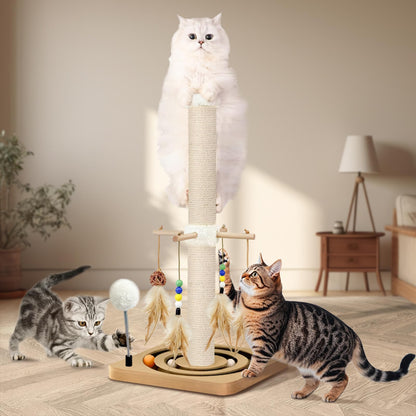 Cat Scratching Post, Sisal, Interactive Furniture Toys for Indoor Cats Adults, 2 Mounting Methods Scratcher Tree Tower with Hanging and Ball Track, Activity Center for Kitten, 25 inches