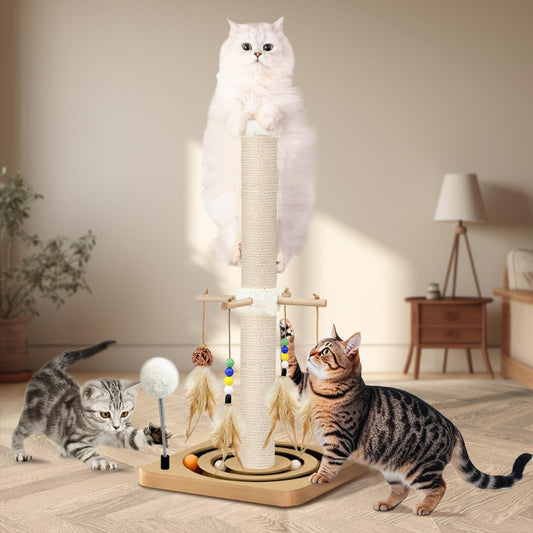 Cat Scratching Post, Sisal, Interactive Furniture Toys for Indoor Cats Adults, 2 Mounting Methods Scratcher Tree Tower with Hanging and Ball Track, Activity Center for Kitten, 25 inches