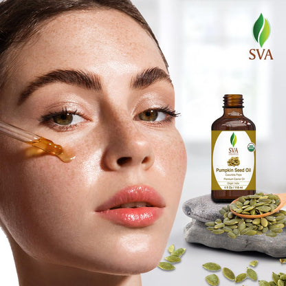 SVA Pumpkin Seed Oil Organic - 4 Fl Oz – 100% Natural Cold Pressed Organic Pumpkin oil - for Face, Skin Care, Hair Care, Scalp Massage & Body Massage – Carrier Oil with Dropper