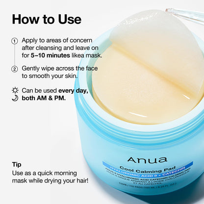 Anua 8 Hyaluronic Acid Catechin Calming Pad, Pore Care & Cooling Effect with Korean Toner pad, Quick & Easy Hydrating Daily Face Mask, Makeup Prep Routine, Korean Skin Care (185ml,110 Pads)