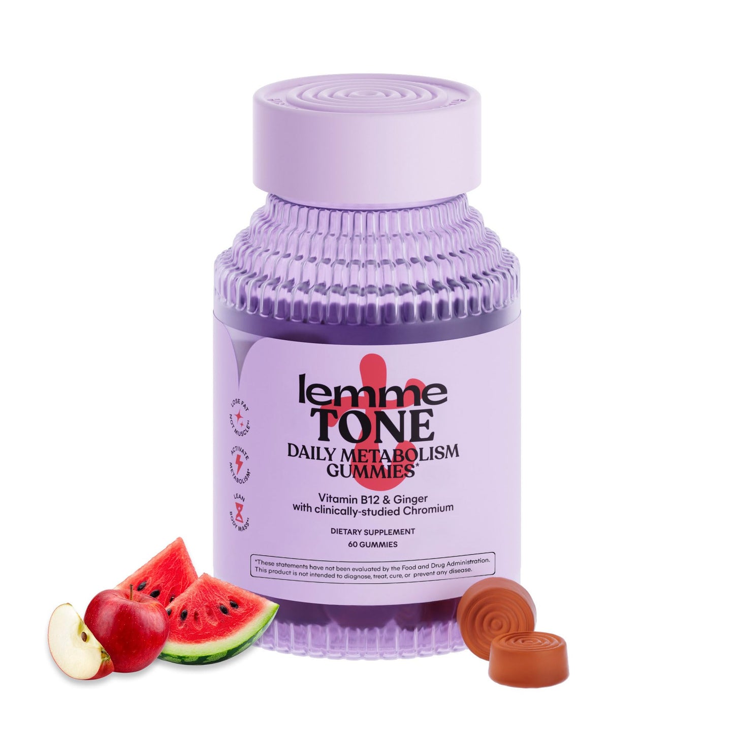 Lemme Tone Metabolism Gummies, Apple Cider Vinegar, Clinically Studied Chromium, B12, Ginger, Promote Lean Body Mass, Watermelon Apple Flavor (30 Day Supply)