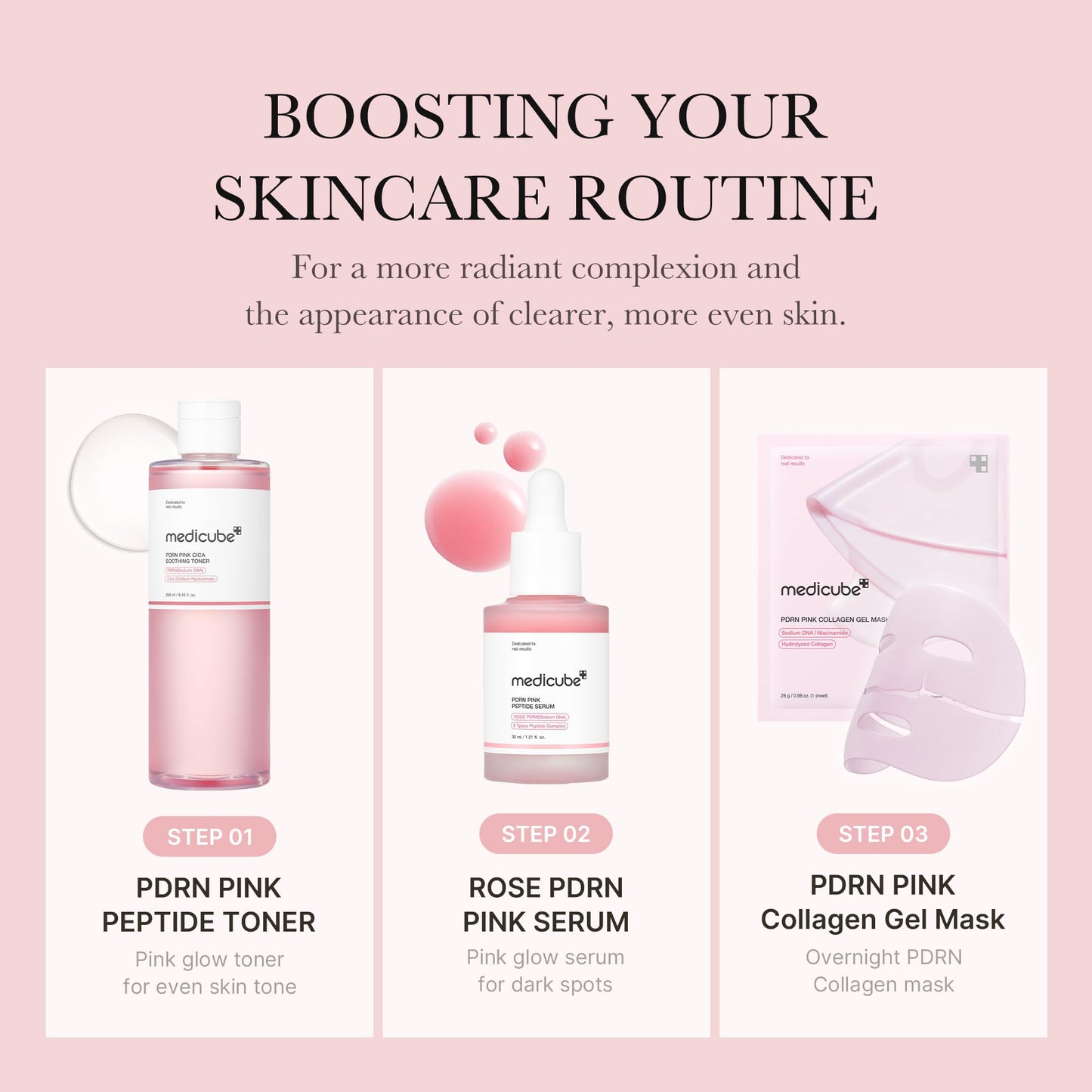 medicube Salmon DNA PDRN Pink Trio Set: Salmon DNA PDRN Pink Peptide Serum and Salmon DNA PDRN Pink CICA Soothing Toner and Salmon DNA PDRN pink collagen jelly gel mask (4ea)