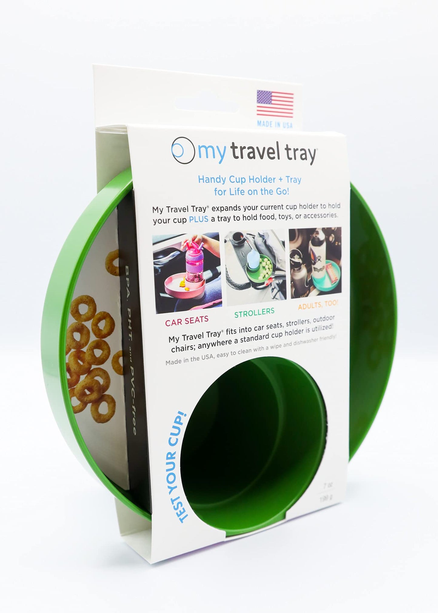 Travel Tray Round, USA Made Easily Convert Your existing Cup Holder to a Tray and Cup Holder for use in a Car Seat, Booster, Stroller, Golf Cart and Anywhere You Have a Cup Holder! Dino Green
