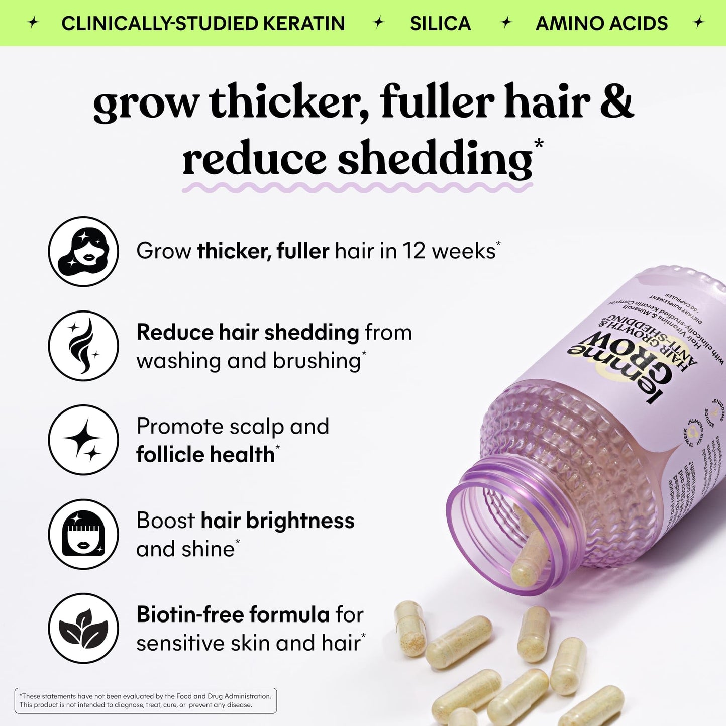 Lemme Grow Hair Growth Supplement for Women, Clinically Proven Keratin Complex for Visibly Thicker Hair and Scalp Coverage, Reduced Shedding, Nourish Thinning Hair - 1 Month Supply