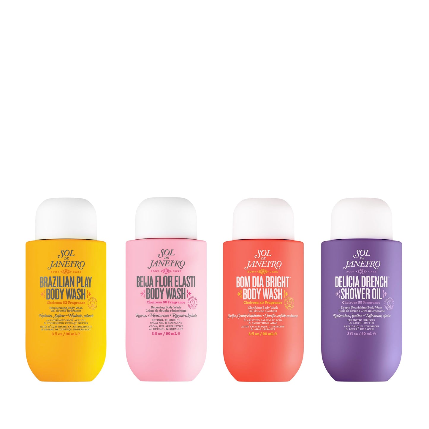 SOL DE JANEIRO Scent Your Shower Quad | Benefit Packed Body Wash Discovery Set | Brazilian Play, Beija Flor, Bom Dia, Delicia Drench | 3 fl oz. | Amazon Exclusive