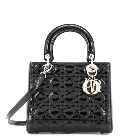 Christian Dior, Pre-Loved Lady Dior Bag Cannage Quilt Patent Medium, Black