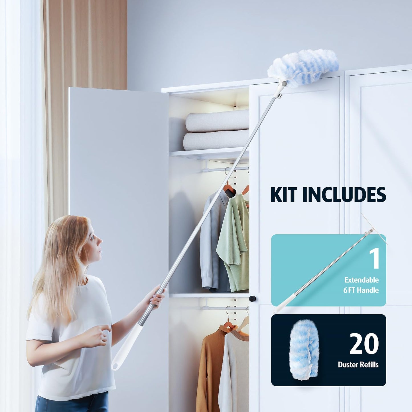 6 ft Extendable Duster Handle with 20 Refills, Compatible with Swiffer, Disposable Microfiber Dusting Pads for Home Cleaning, Ceiling, Fan, Window, Hard-to-Reach Areas