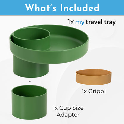 Travel Tray Round, USA Made Easily Convert Your existing Cup Holder to a Tray and Cup Holder for use in a Car Seat, Booster, Stroller, Golf Cart and Anywhere You Have a Cup Holder! Dino Green
