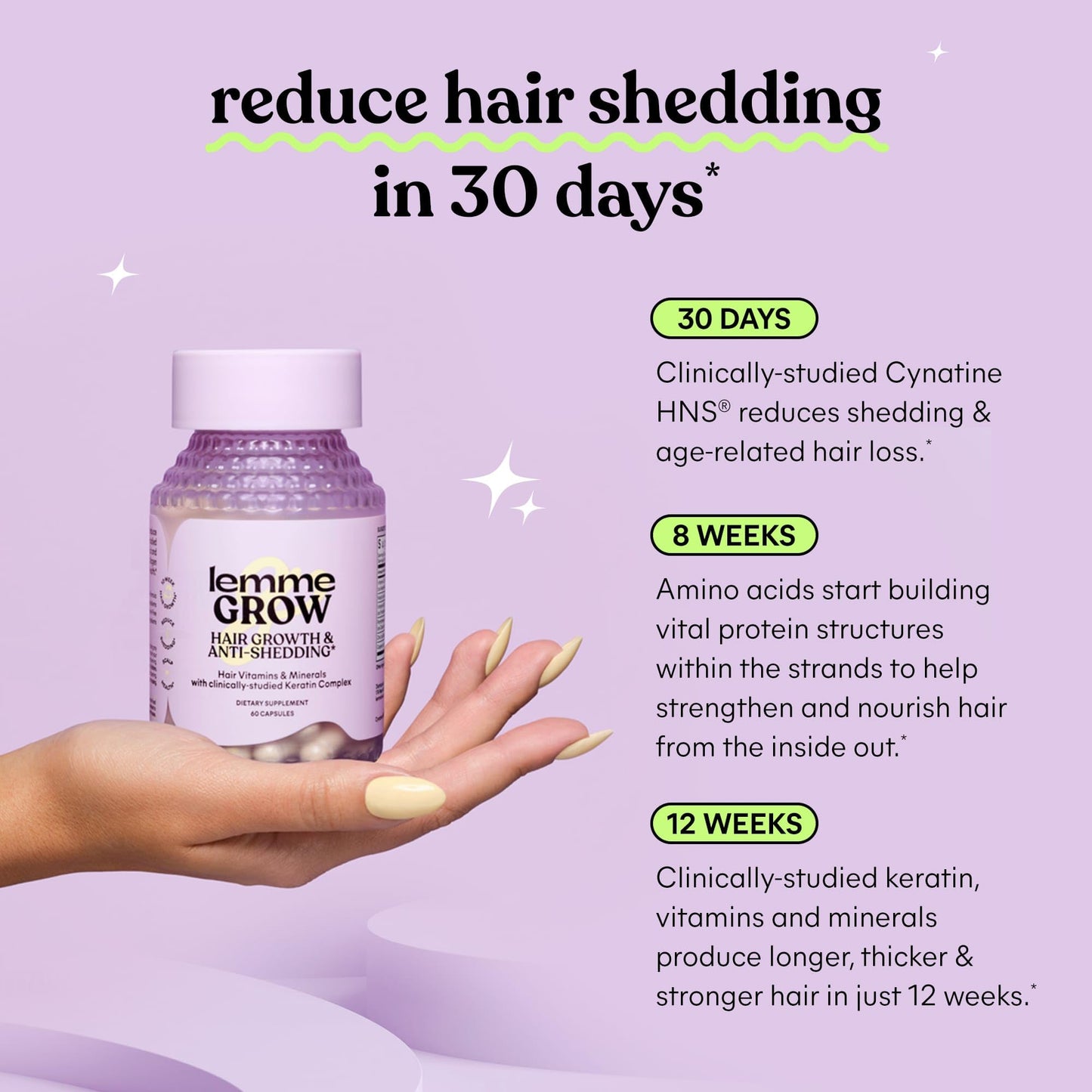 Lemme Grow Hair Growth Supplement for Women, Clinically Proven Keratin Complex for Visibly Thicker Hair and Scalp Coverage, Reduced Shedding, Nourish Thinning Hair - 1 Month Supply