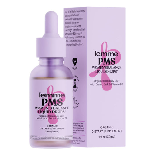Lemme PMS Hormone Balance for Women Liquid Drops, PMS & Mild Period Cramping Relief, 10-in-1 Herbal Blend with Raspberry Leaf, Dong Quai, Cramp Bark, Reishi & B2, Organic, Sugar-Free, 1 fl oz