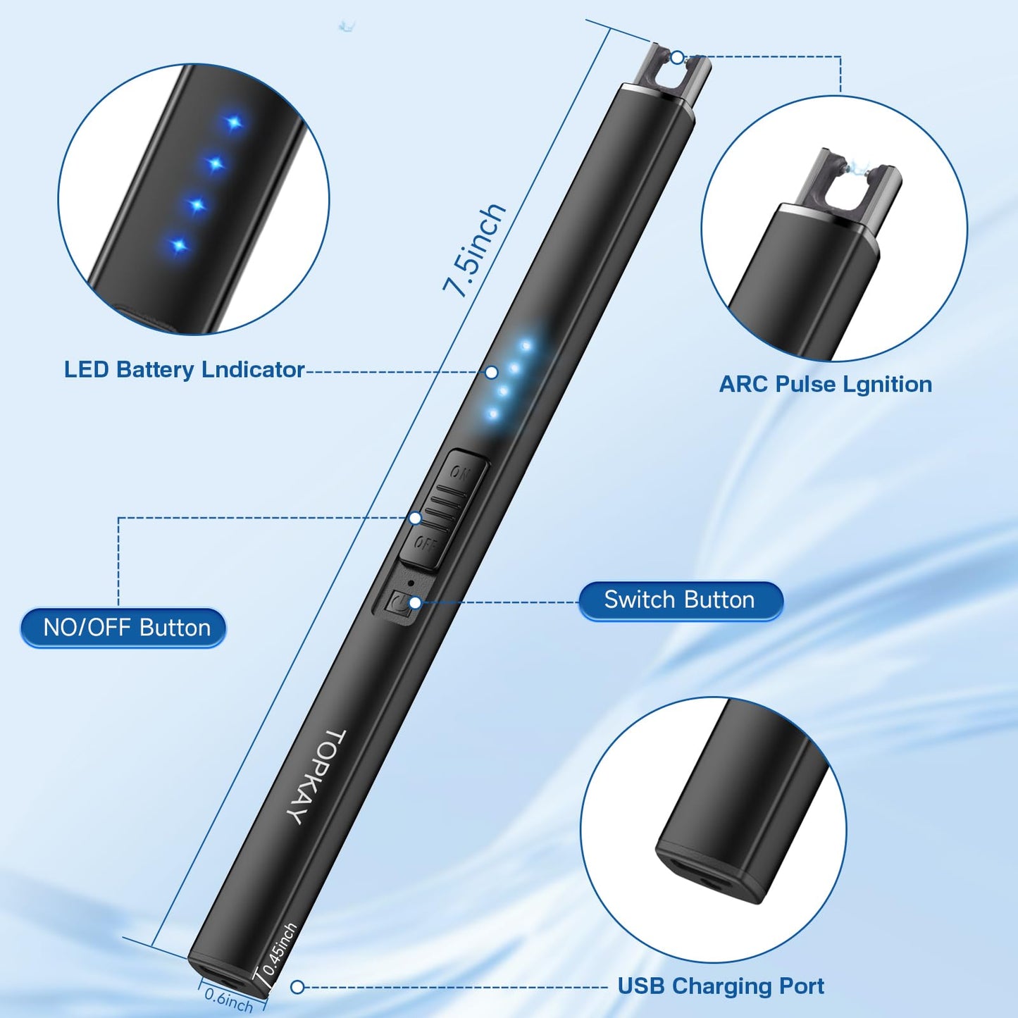 TOPKAY Electric Candle Lighter, Windproof Flameless USB Rechargeable Plasma Arc Long Lighter for Grill Firework Kitchen Camping (Black)