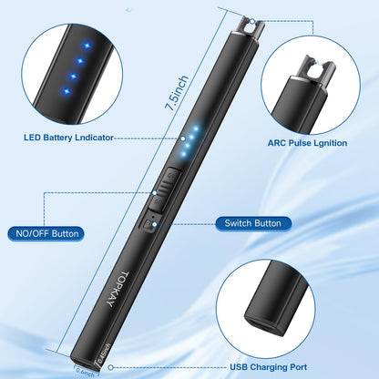 TOPKAY Electric Candle Lighter, Windproof Flameless USB Rechargeable Plasma Arc Long Lighter for Grill Firework Kitchen Camping (Black)