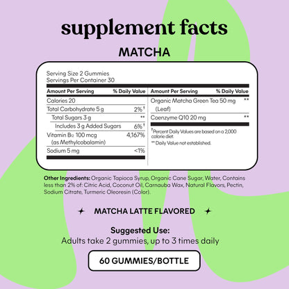 Lemme Matcha Superfood Energy Gummies with Organic Matcha Green Tea, Vitamin B12 and Antioxidant CoQ10 to Support Cellular Energy, Metabolism & Healthy Skin - Gluten Free, Non GMO (60 Count)