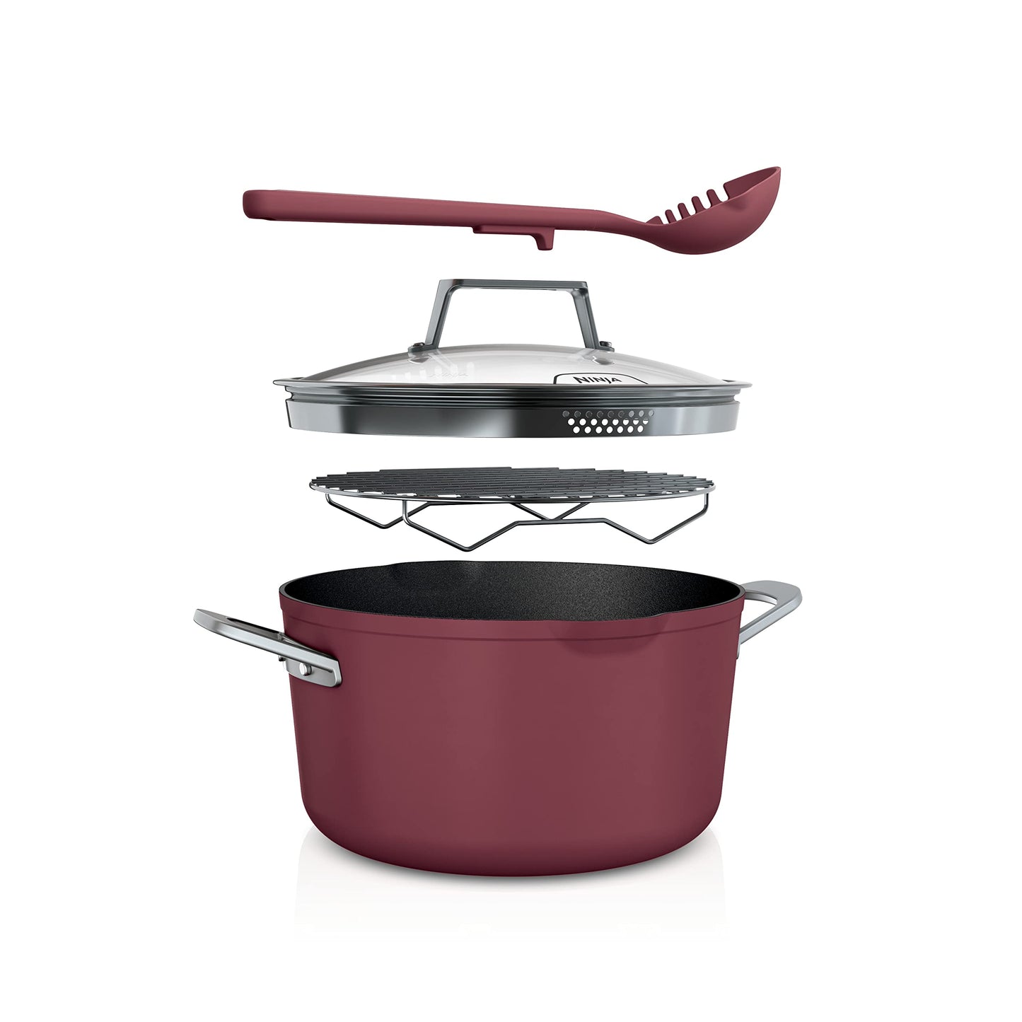 Ninja CW202RD Foodi NeverStick PossiblePot, Premium Set with 7-Quart Capacity Pot, Roasting Rack, Glass Lid & Integrated Spoon, Nonstick, Durable & Oven Safe to 500°F, Cherry Tart