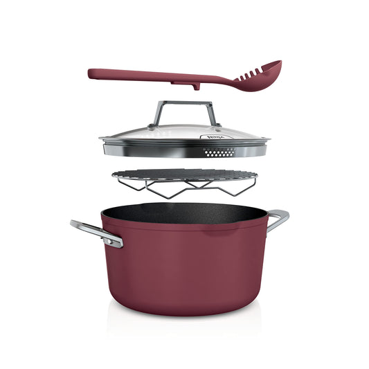 Ninja CW202RD Foodi NeverStick PossiblePot, Premium Set with 7-Quart Capacity Pot, Roasting Rack, Glass Lid & Integrated Spoon, Nonstick, Durable & Oven Safe to 500°F, Cherry Tart