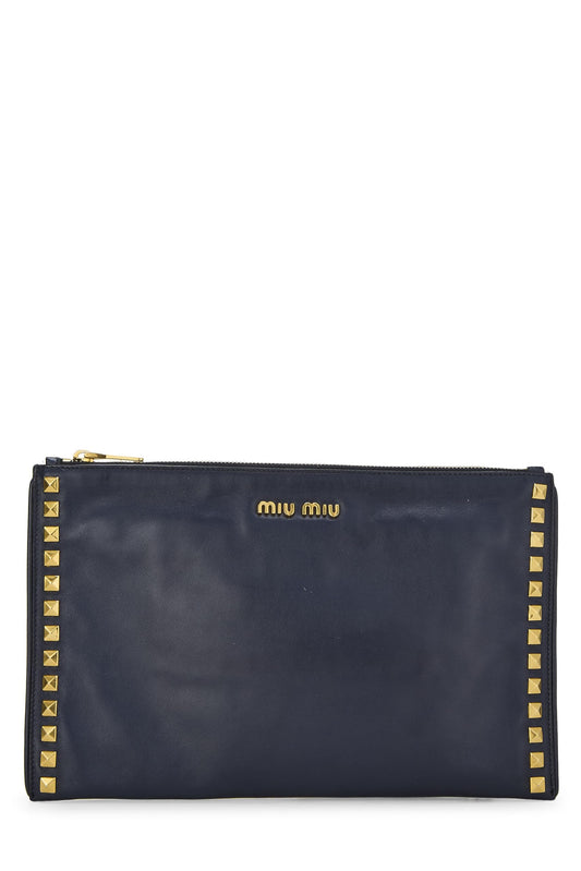 Miu Miu, Pre-Loved Navy Studded Calfskin Clutch, Navy
