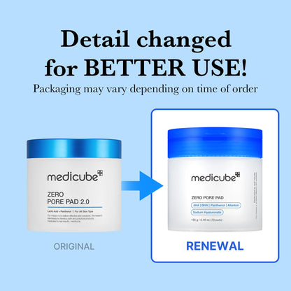 medicube daily toner pads tailored to skin condition: Zero Pore Pads 2.0 (2ea) and Zero Pore Pads Mild 2.0 (1ea)