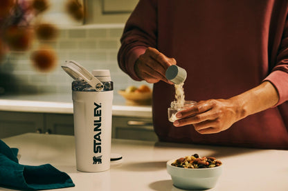 Stanley Activate Shaker Bottle 20 oz | Leakproof Insulated Stainless Steel Shaker Cup | Base Storage and Twist On Fast Flow Lid | Protein Shakes and Pre Workout Powder | BPA-Free | Dried Pine