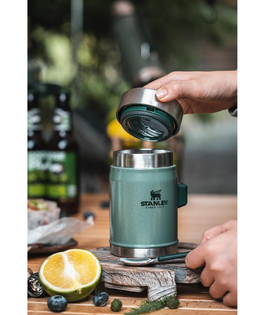 Stanley Classic Food Jar and Spork 14 oz | Vacuum Insulated Thermos Food Container | Wide Mouth Screw On Lid | Packable for Travel | Stainless Steel with Leakproof Lid | BPA-Free | Hammertone Silver