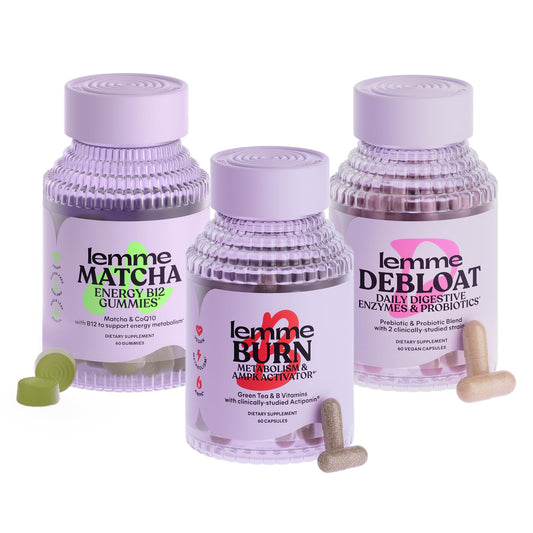 Lemme Burn, Debloat & Matcha Bundle - Metabolism & Fat Burning Capsules + Bloating & Gas Relief Capsules + Energy B12 Gummies - Gluten-Free, Non-GMO - 60 ct. ea