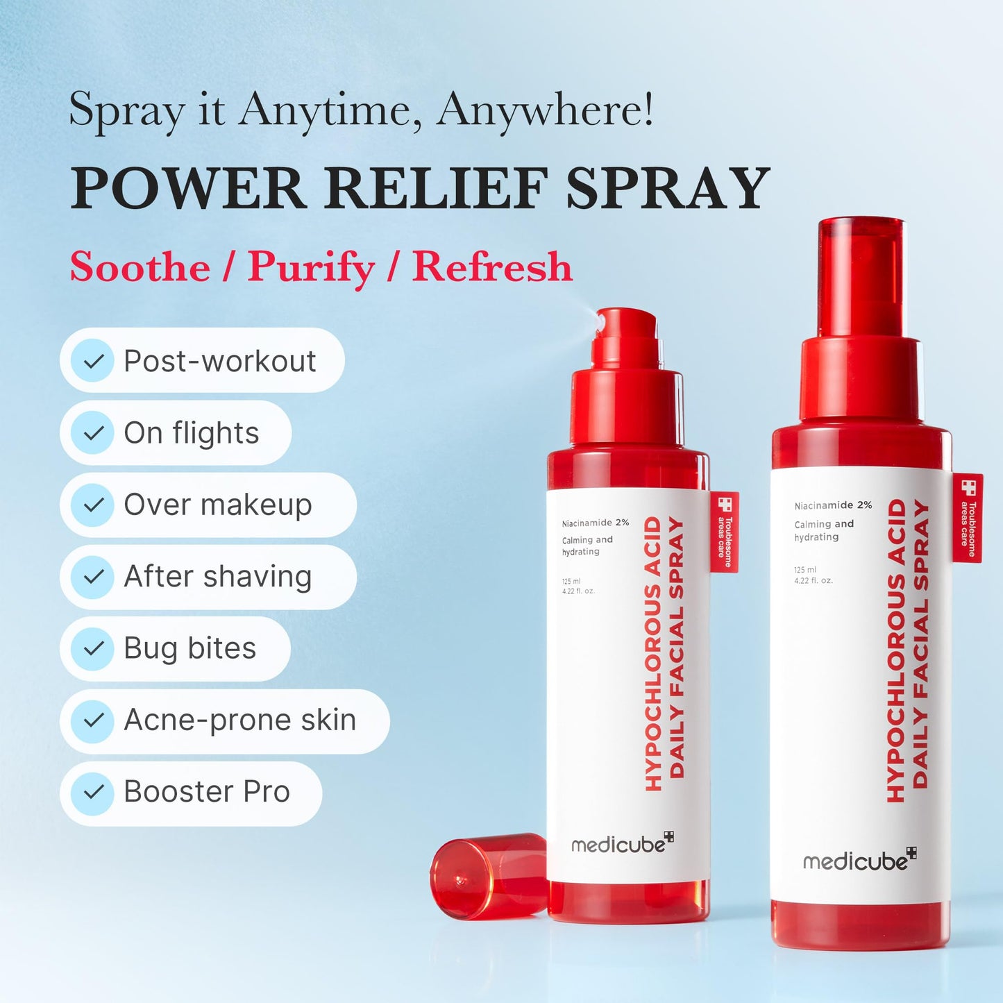 medicube Power Soothing Spray | Hypochlorous Acid Daily Facial Mist for Calming & Soothing | Niacinamide for Uneven Skin Tone & Texture | Korean Skincare | 4.22 fl.oz