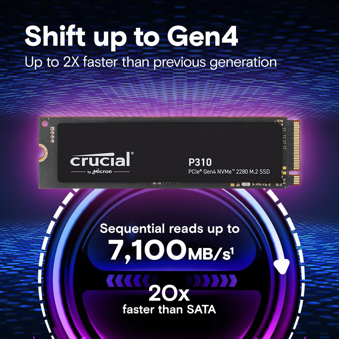 Crucial P310 500GB 2280 PCIe Gen4 3D NAND NVMe M.2 SSD – Up to 6,600MB/s – Shift up to Gen4, with Acronis Offer, Internal Solid State Drive (PC) – CT500P310SSD801