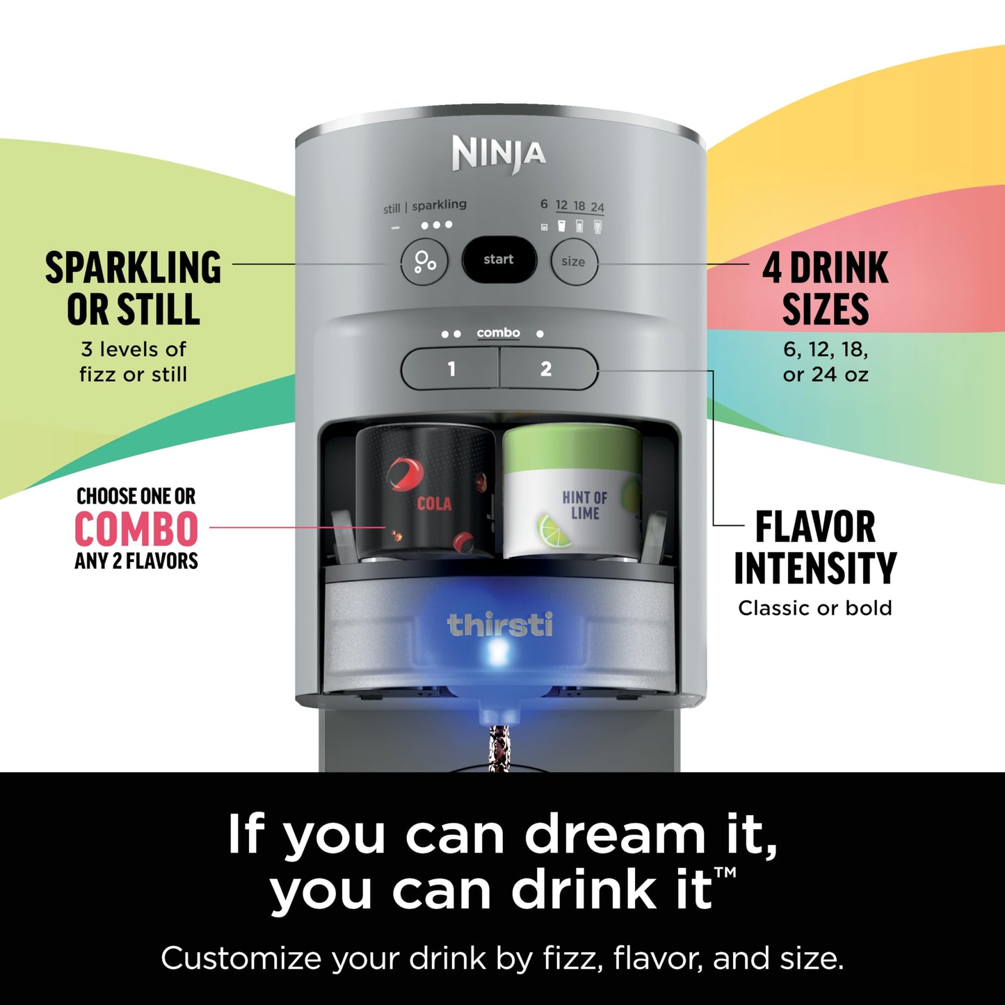 Ninja Thirsti Drink System, Soda Maker, Create Unique Sparkling & Still Drinks, Personalize Size & Flavor, Carbonated Water Machine, 60L CO2 Cylinder & Variety of Flavored Water Drops, Gray WC999AMZ