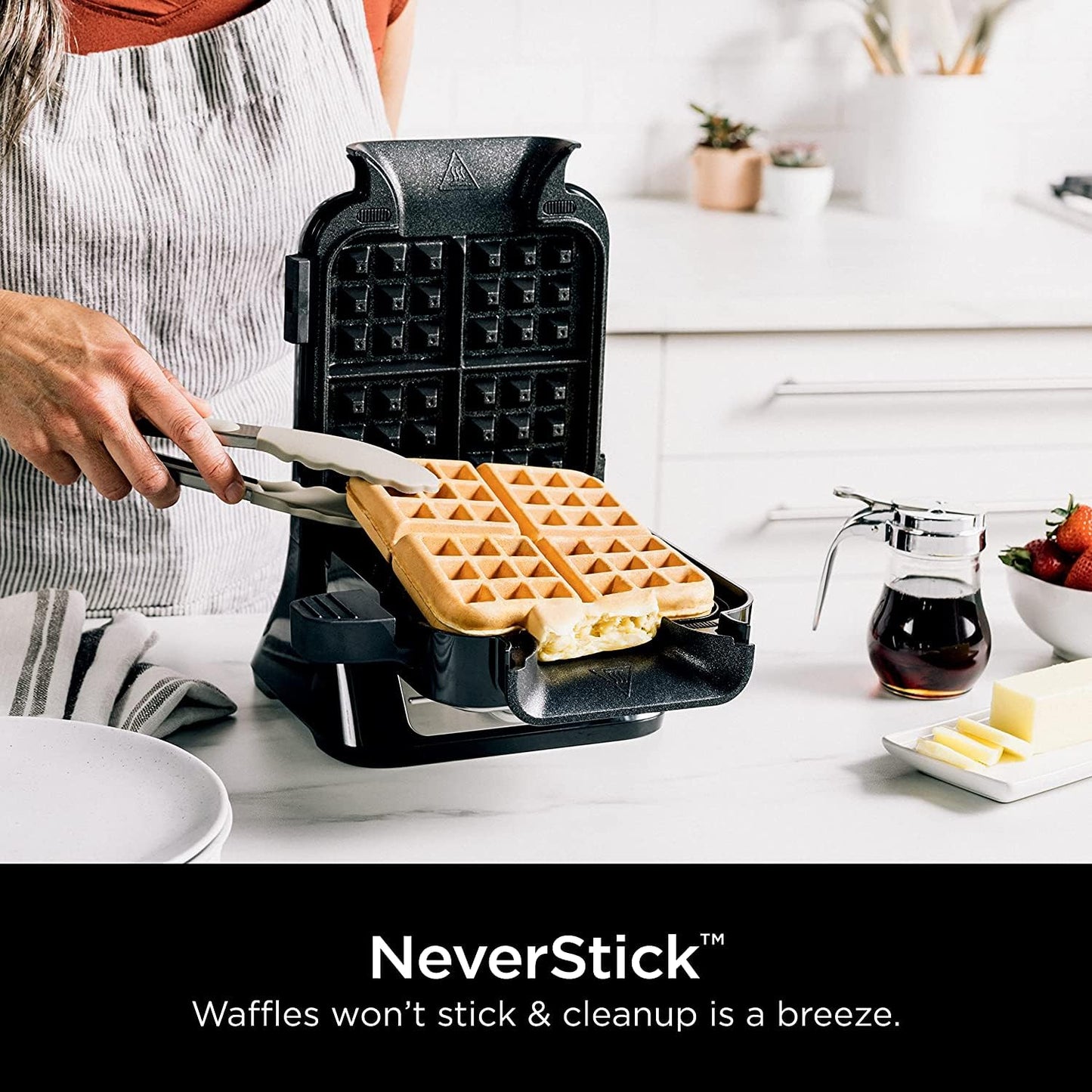 Ninja BW1001 NeverStick PRO Belgian Waffle Maker, Vertical Design, 5 Shade Settings, Precision-Pour Cup NOT Included* (Renewed) (Black/Gray)