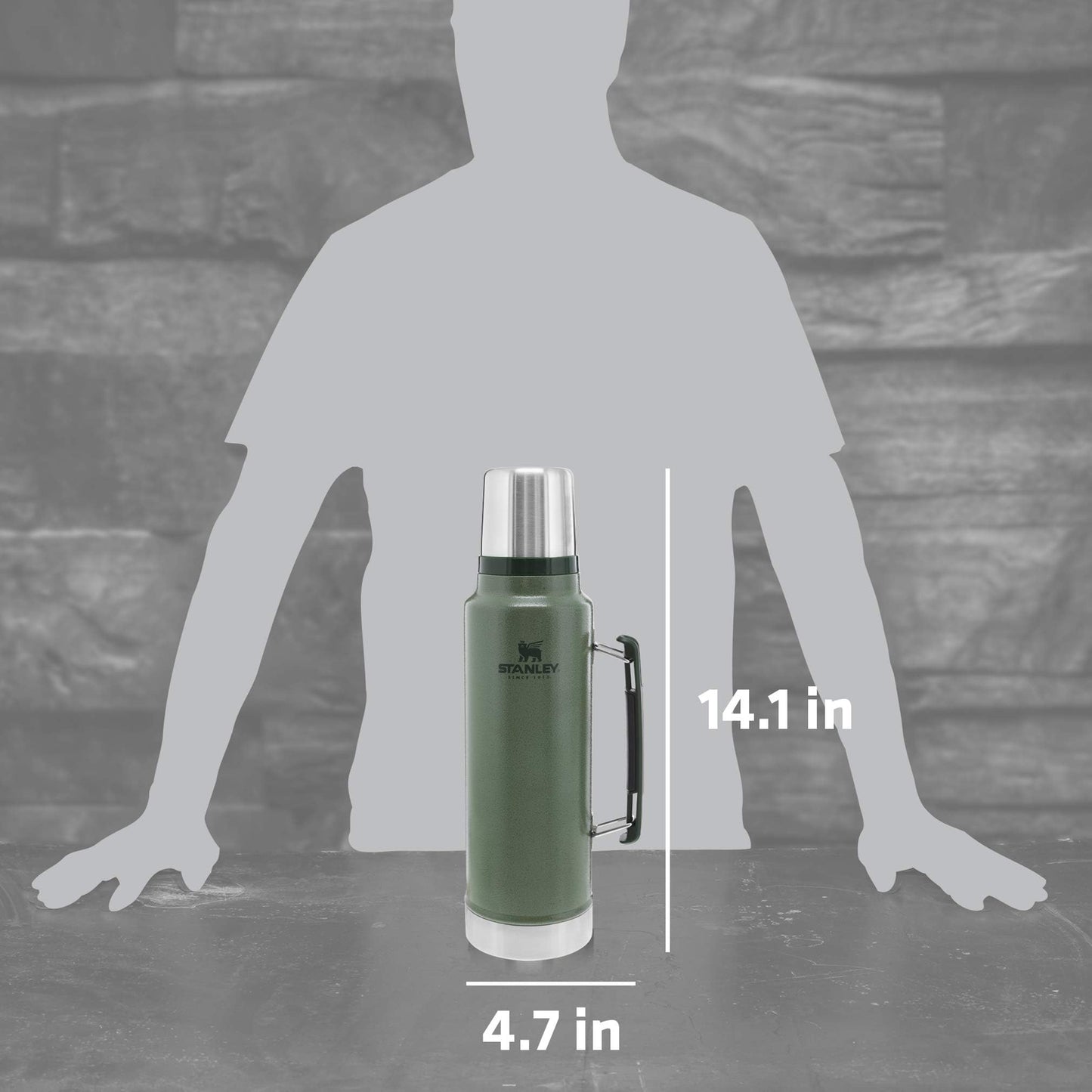 Stanley Classic Legendary Vacuum Bottle 1.5 qt | Wide Mouth with Leakproof Cup Lid | Keep Drinks Hot or Cold | Packable for Travel | Insulated Stainless Steel Thermos | BPA-Free | Hammertone Green
