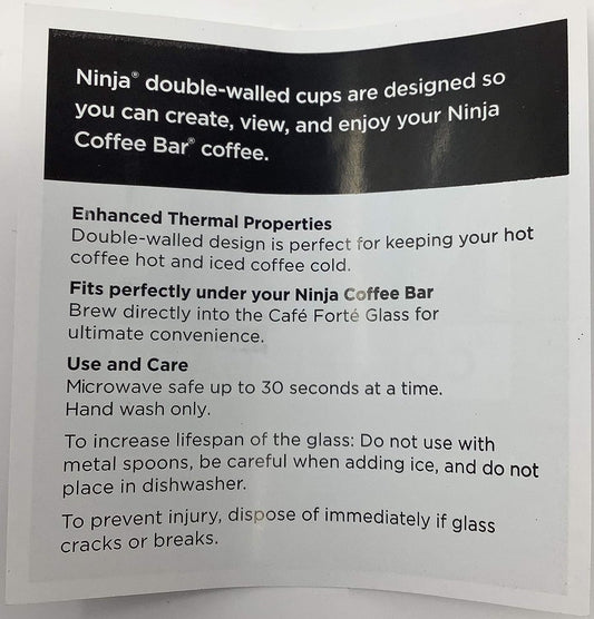 Ninja Genuine 12oz Double-Wall Thermo Insulated Tumbler Clear Glass Coffee Tea Cup For Cafe Bar Maker Forte Brew