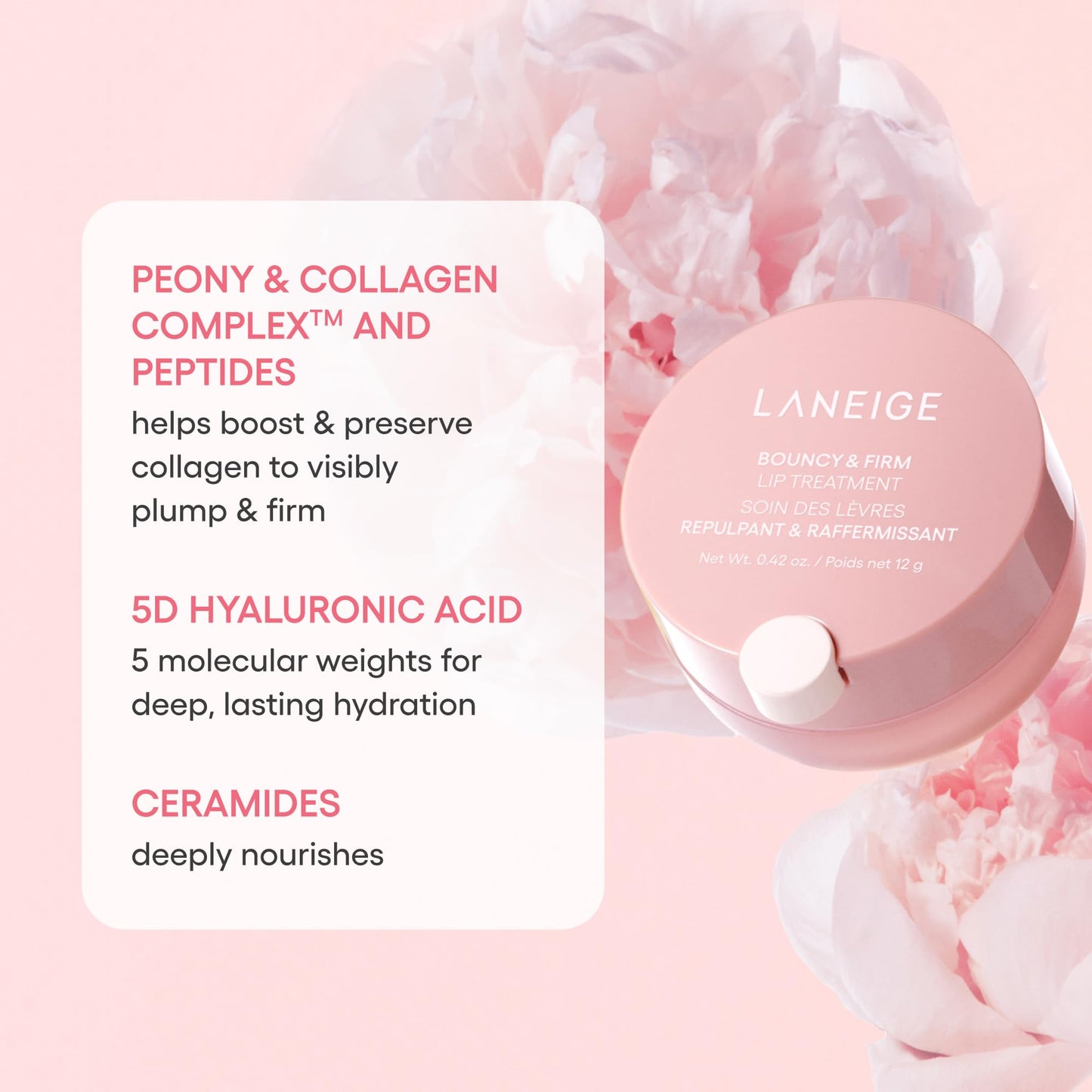 LANEIGE Bouncy & Firm Lip Treatment: Plumping & Firming Lip Care with Peony & Collagen Complex, Ceramide Capsules, & 5D Hyaluronic Acid for Hydration