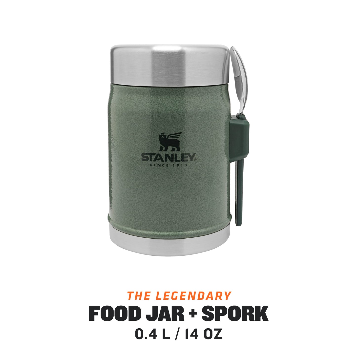 Stanley Classic Legendary Food Jar 0.4L with Spork - Keeps Cold or Hot For 7 Hours - BPA-Free Stainless Steel Soup Flask - Leakproof - Dishwasher Safe - Hammertone Green
