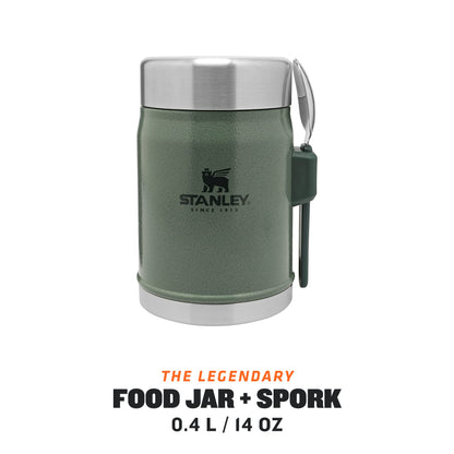 Stanley Classic Legendary Food Jar 0.4L with Spork - Keeps Cold or Hot For 7 Hours - BPA-Free Stainless Steel Soup Flask - Leakproof - Dishwasher Safe - Hammertone Green